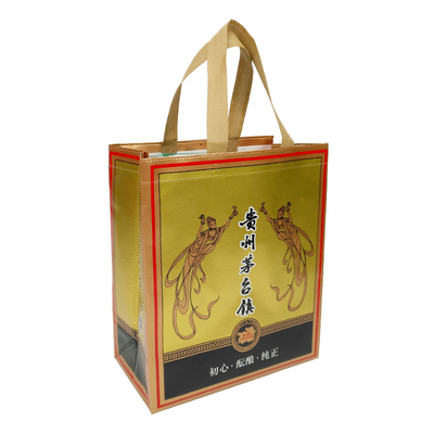 Sacolas de embrulho para presente com logotipo impresso personalizado à prova d'água Suporte de alça cortada sob pressão Bolsa única para garrafa de vinho